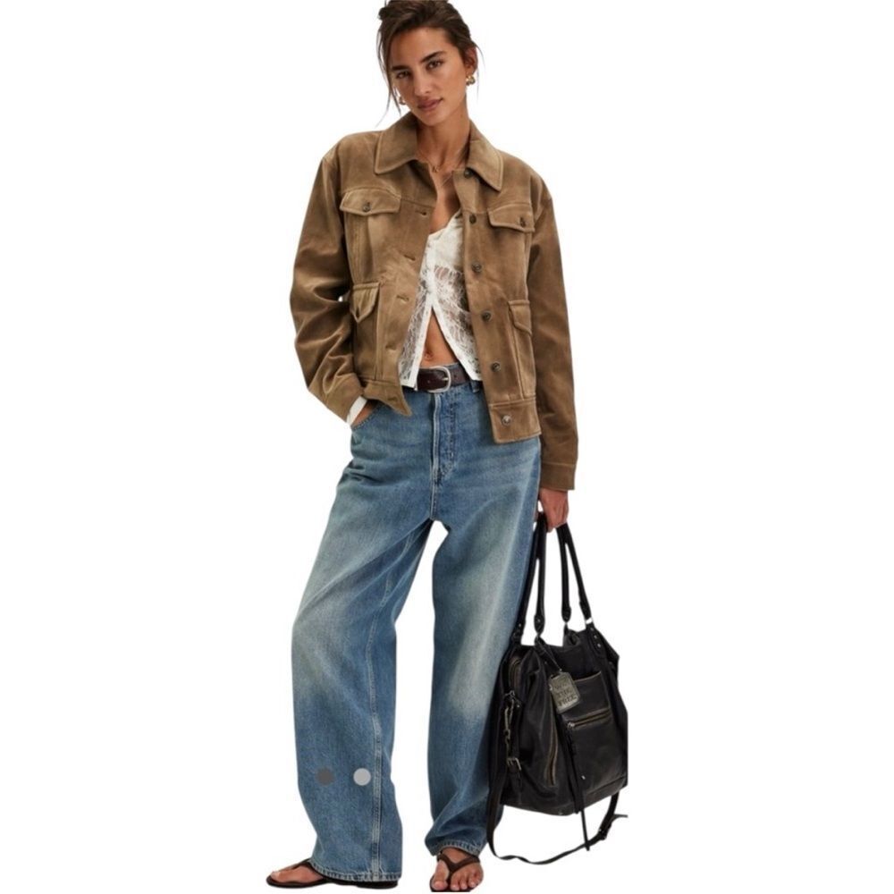 Free People Night Ranch Antique Bronze Tan Faux Suede Trucker Jacket M $198